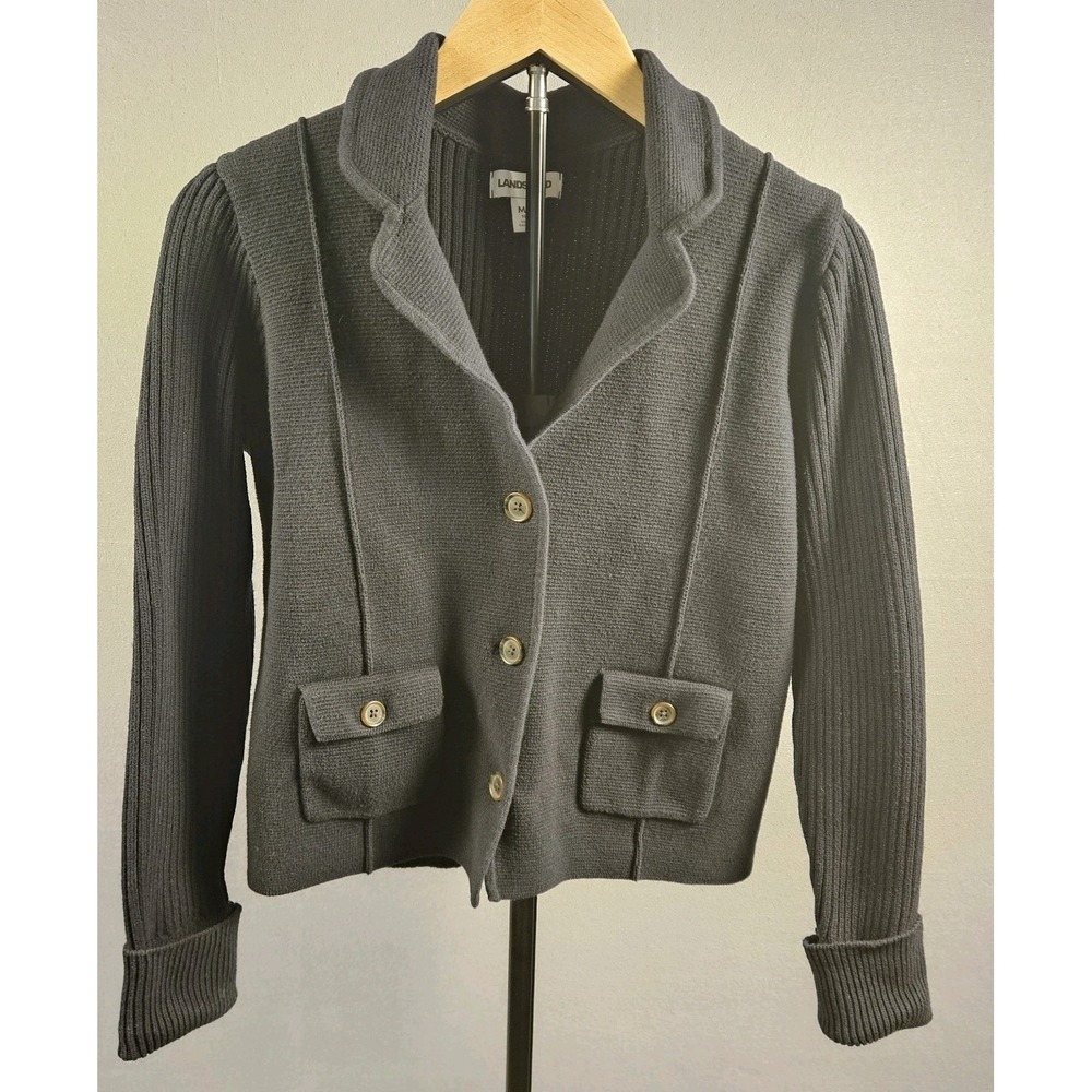 Lands End Cardigan Blazer Ribbed Knit Button Front Black Medium Petite